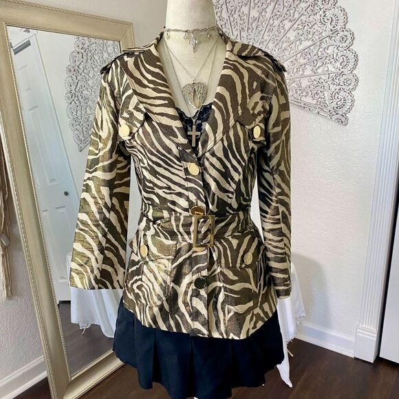 VTG 90s Cache Gold Metal Zebra Linen Cotton Button Tailored Belted Jacket XS - Picture 3 of 8